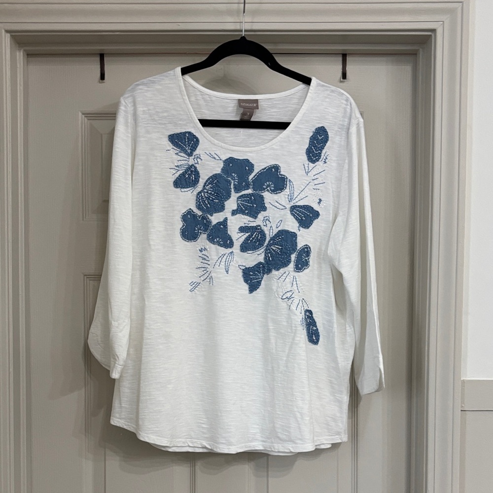 Chico's White and Blue Floral Blouse